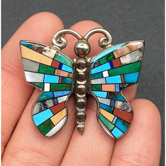 Melvin Cleveland Navajo Stone Inlay Butterfly Sterling Silver Brooch Pin Pendant - Picture 2 of 12